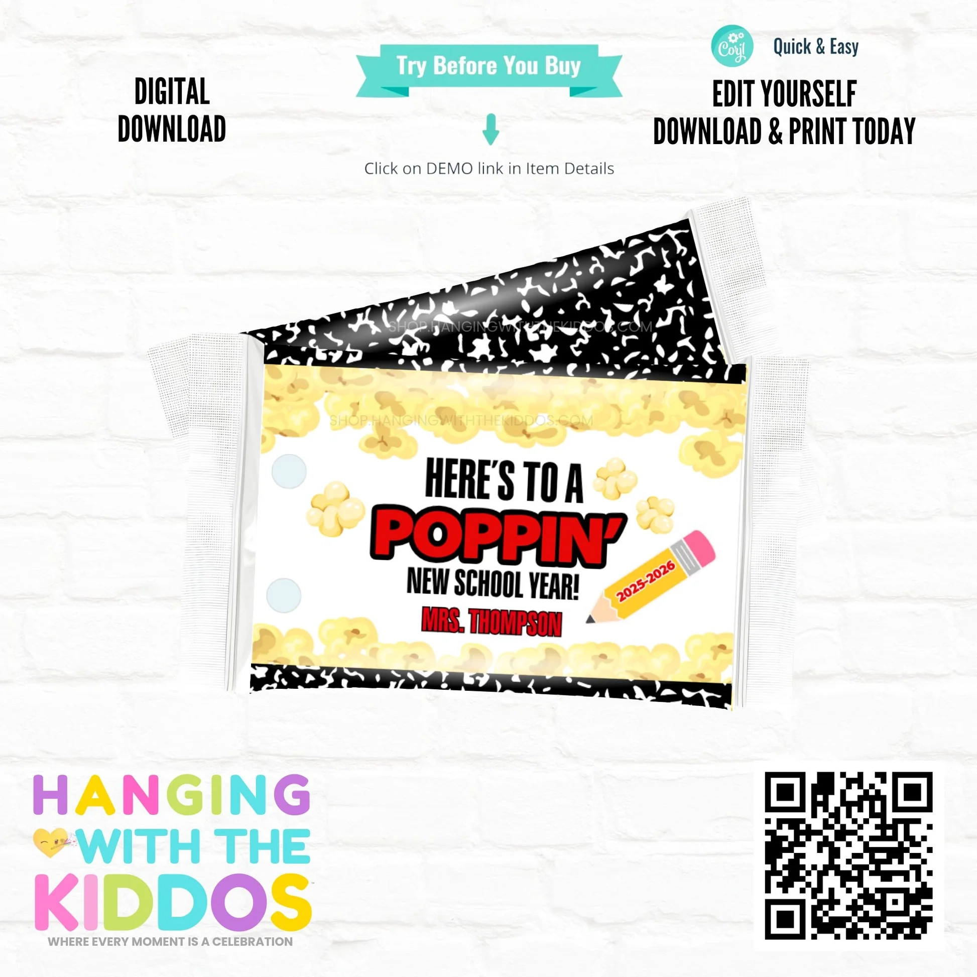 Back To School Popcorn Bag Wrapper Printable Editable Template Personalize With Corjl