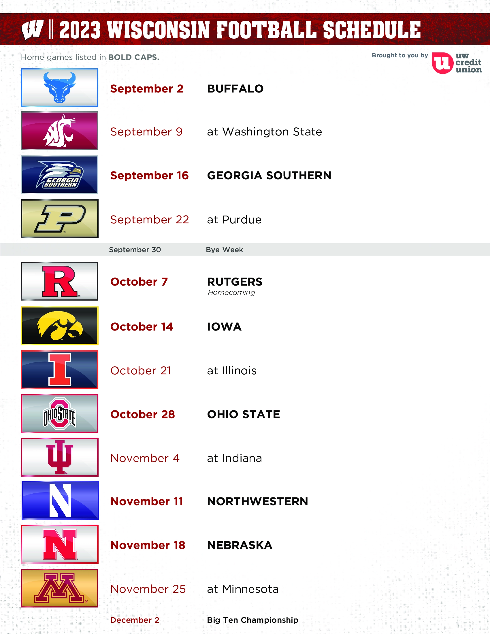 Wisconsin Badgers Football Schedule Printable