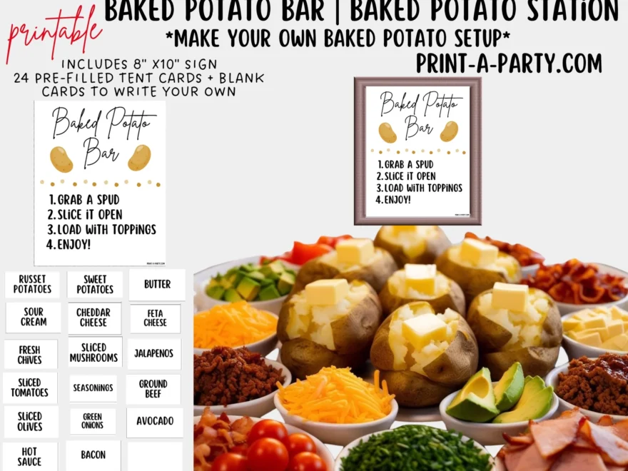 BAKED POTATO BAR Station White Printable Sign Food Labels Perfect PrintAParty