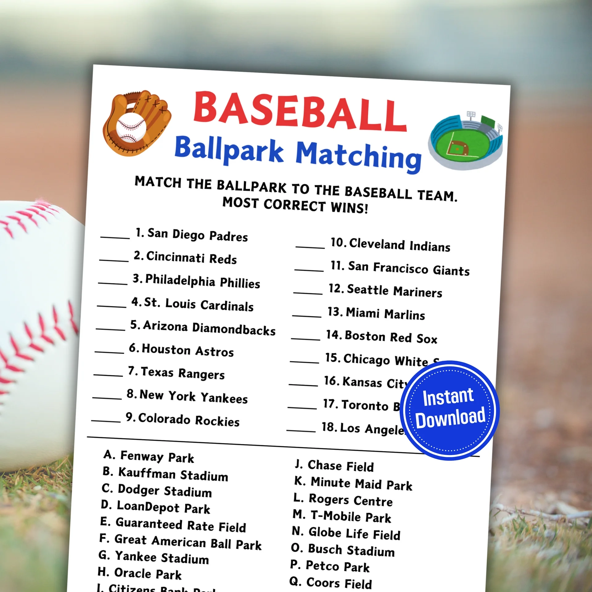 Baseball Ballpark Matching Game Printable Baseball Trivia Game Funny Print For You