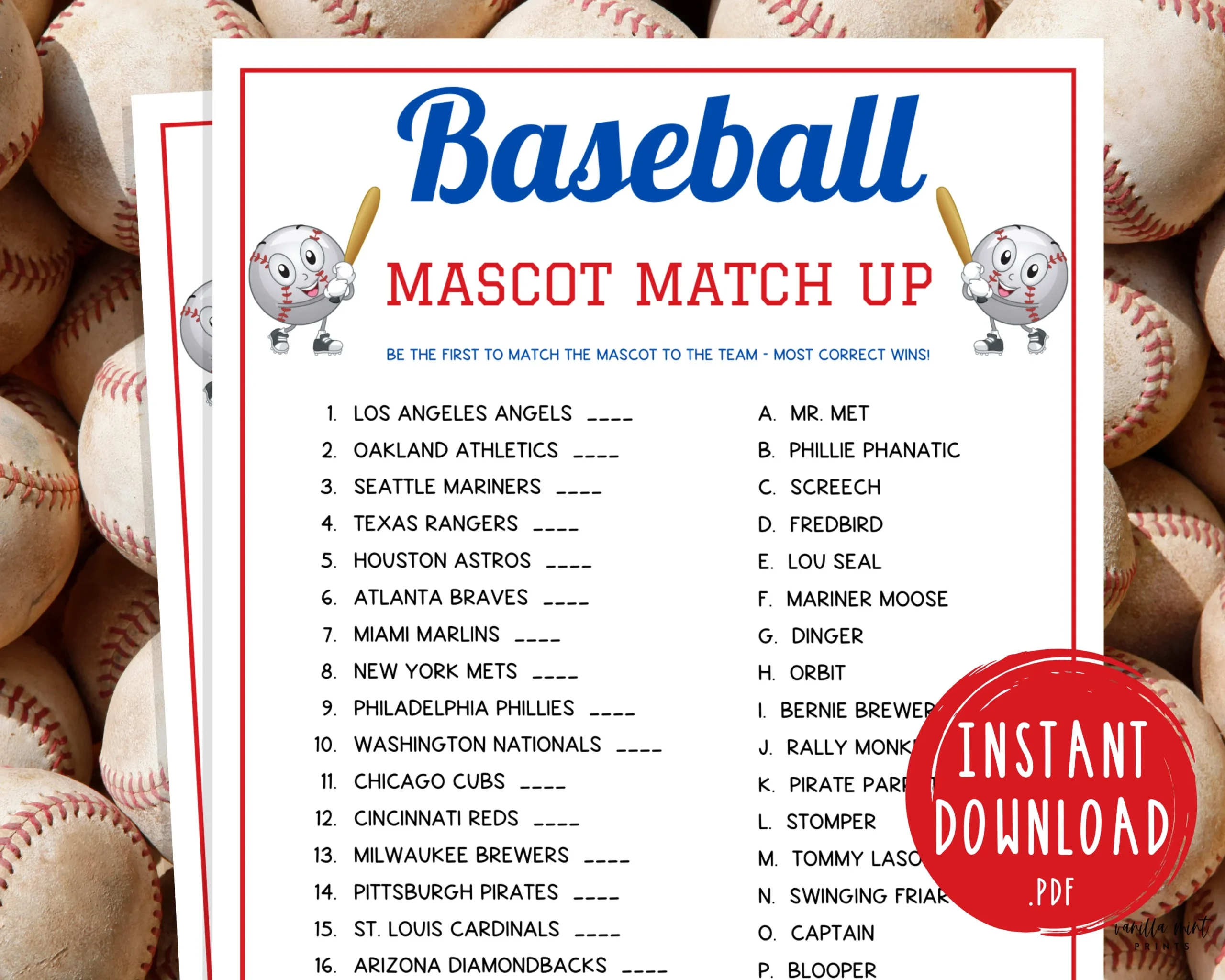 Baseball Mascot Match Up Trivia Game Printable Baseball Team Party Game MLB Game For Kids Adults World Series Activity Birthday Etsy