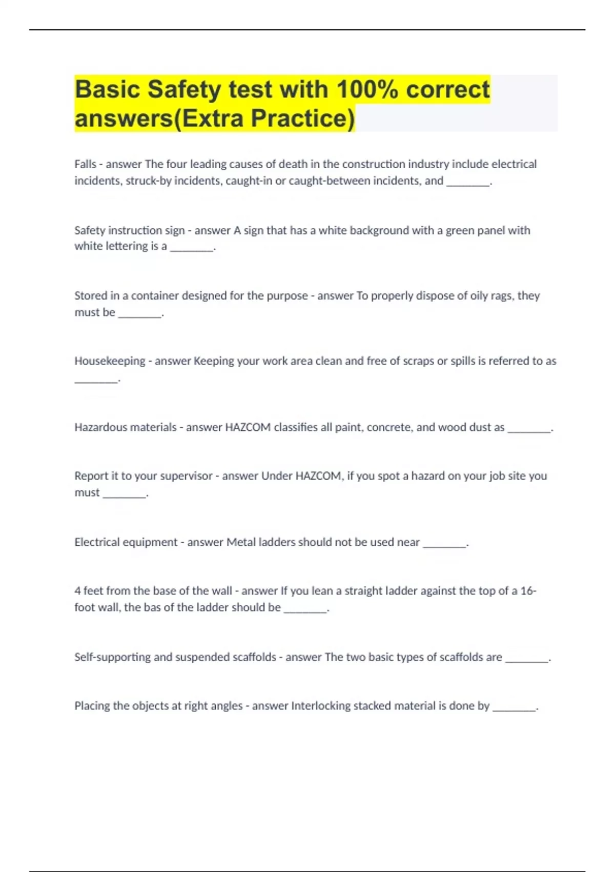 Safety Construction Quizzes Printable