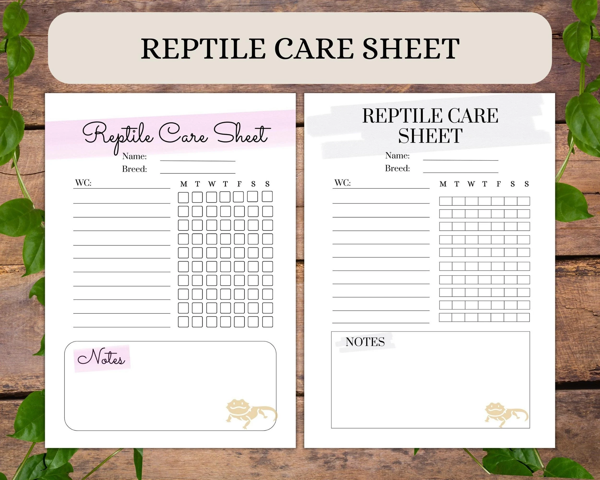 Bearded Dragon Care Sheet Printable Reptile Tracker Log A4 A5 Digital Download Pet Health Feeding Planner 2 Designs Etsy