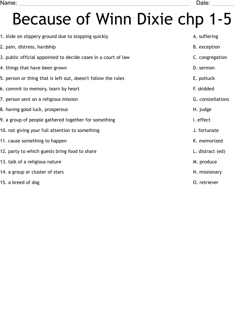 Because Of Winn Dixie Quiz Printable