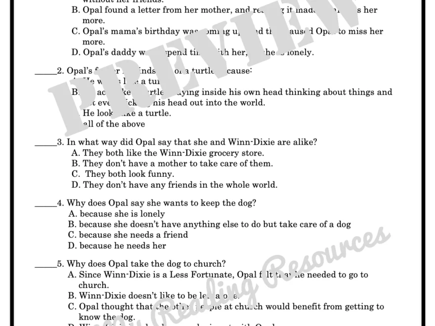 Because Of Winn Dixie Comprehensive Quiz My Reading Resources