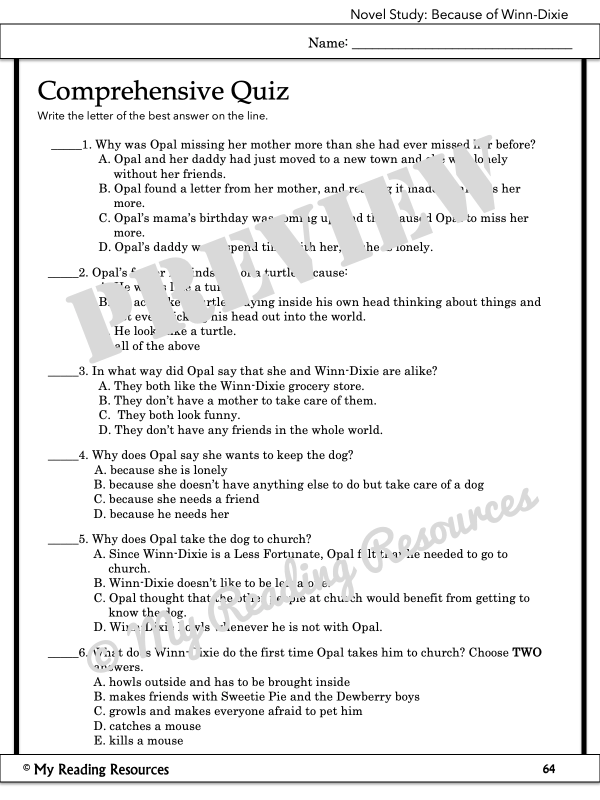 Because Of Winn Dixie Comprehensive Quiz My Reading Resources