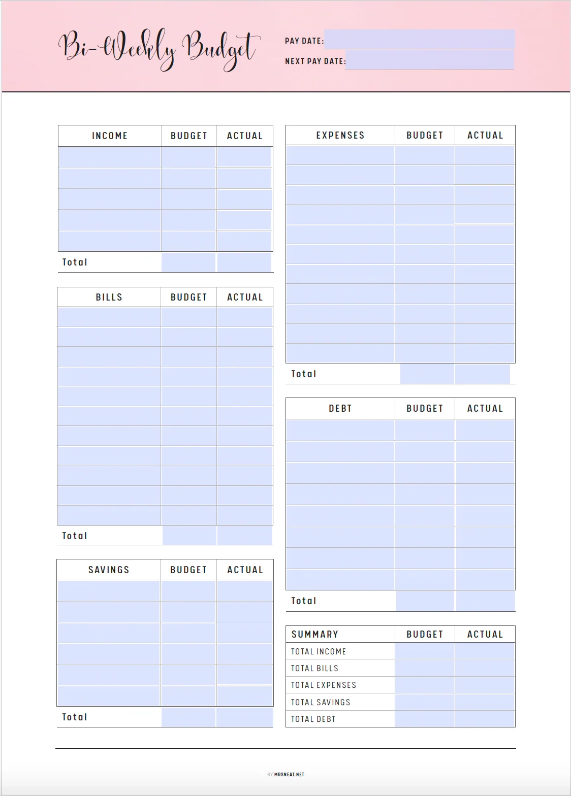 Half Size Printable Financial Planner