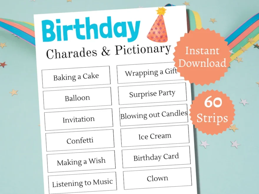 Birthday Charades Game Printable Birthday Party Pictionary Cards Birthday Celebration Activity For Kids Teens And Adults Etsy