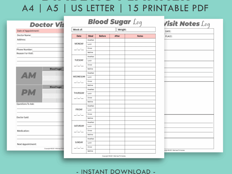 Blood Sugar Tracker Diabetic Planner Wellness Printables