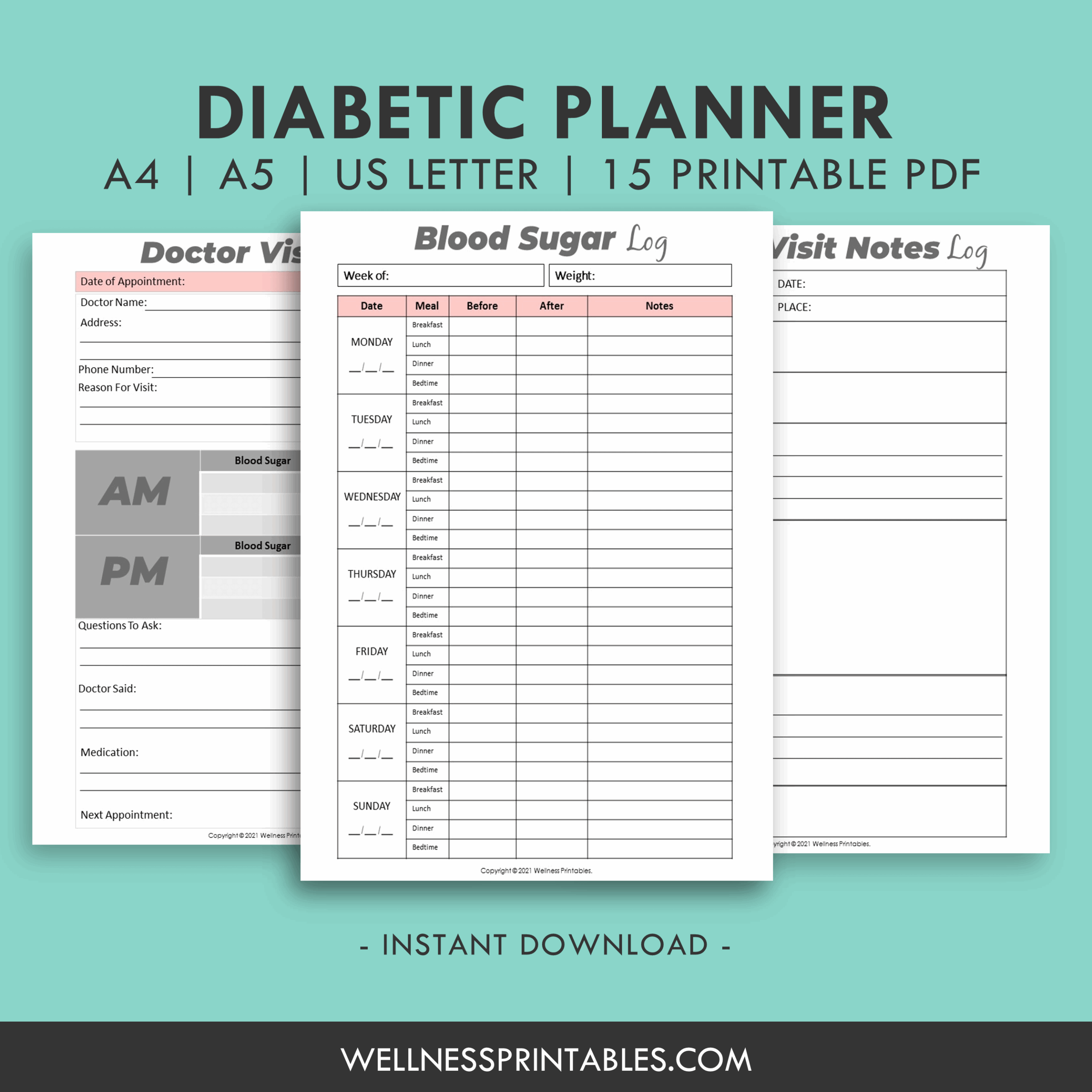 Blood Sugar Tracker Diabetic Planner Wellness Printables