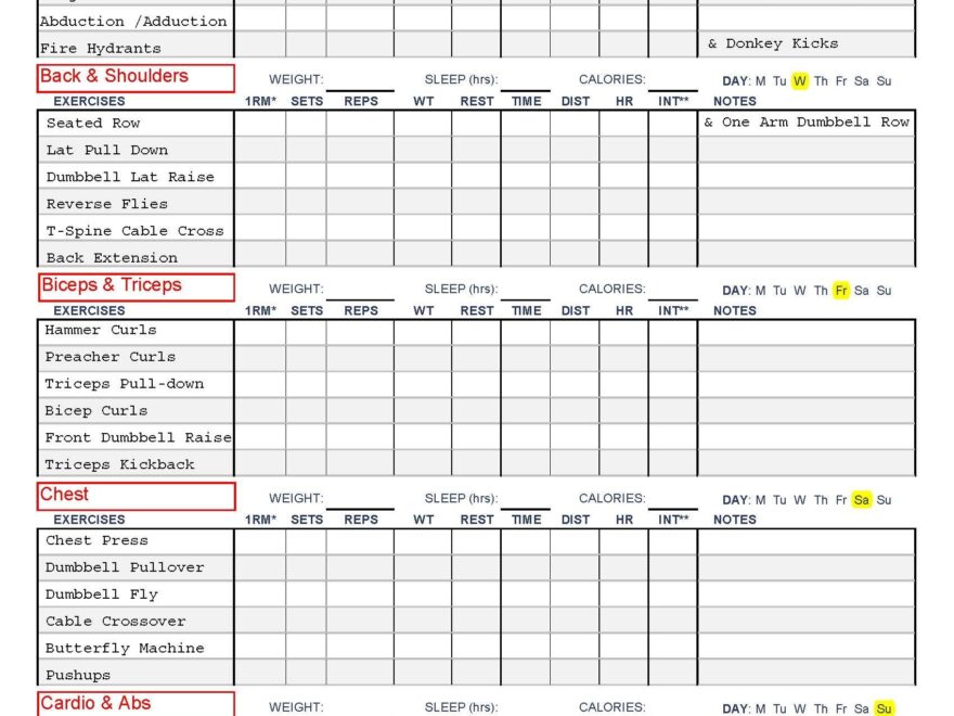 Body For Life Workout Sheets Lower Body