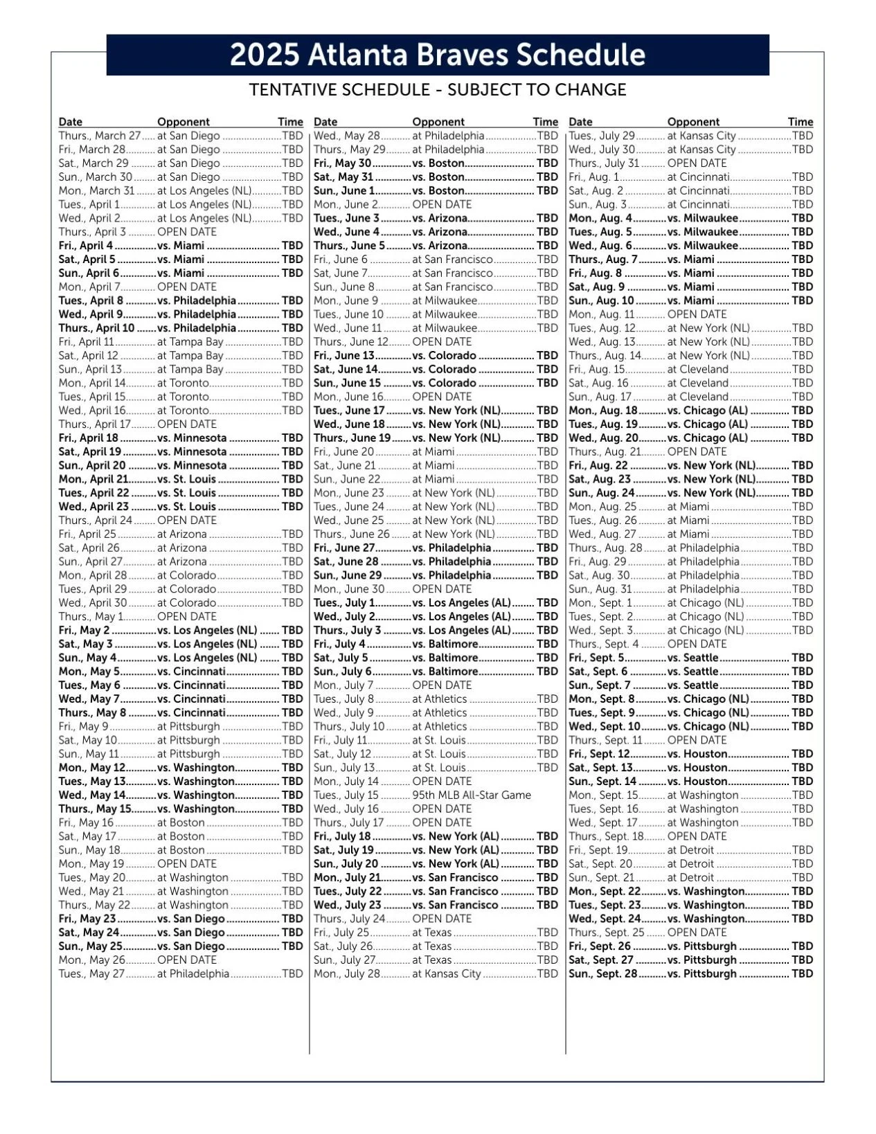 Braves 2025 Schedule Has Been Announced Including Date Of All Star Game In Atlanta Atlanta Braves Rowdysports tv