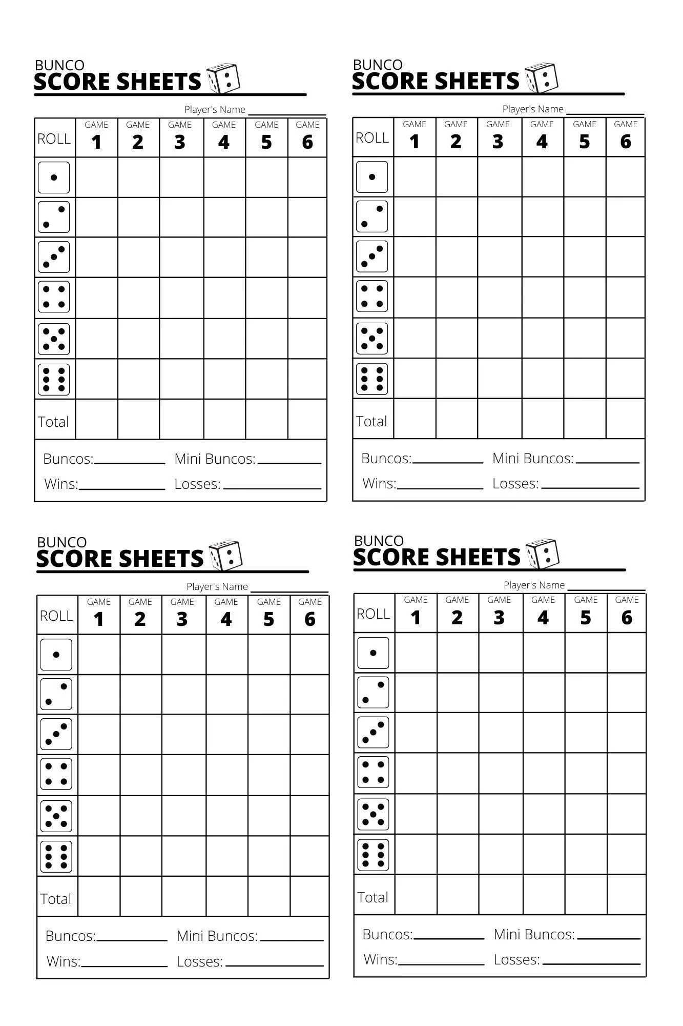 Bunco Free Score Sheet Printable