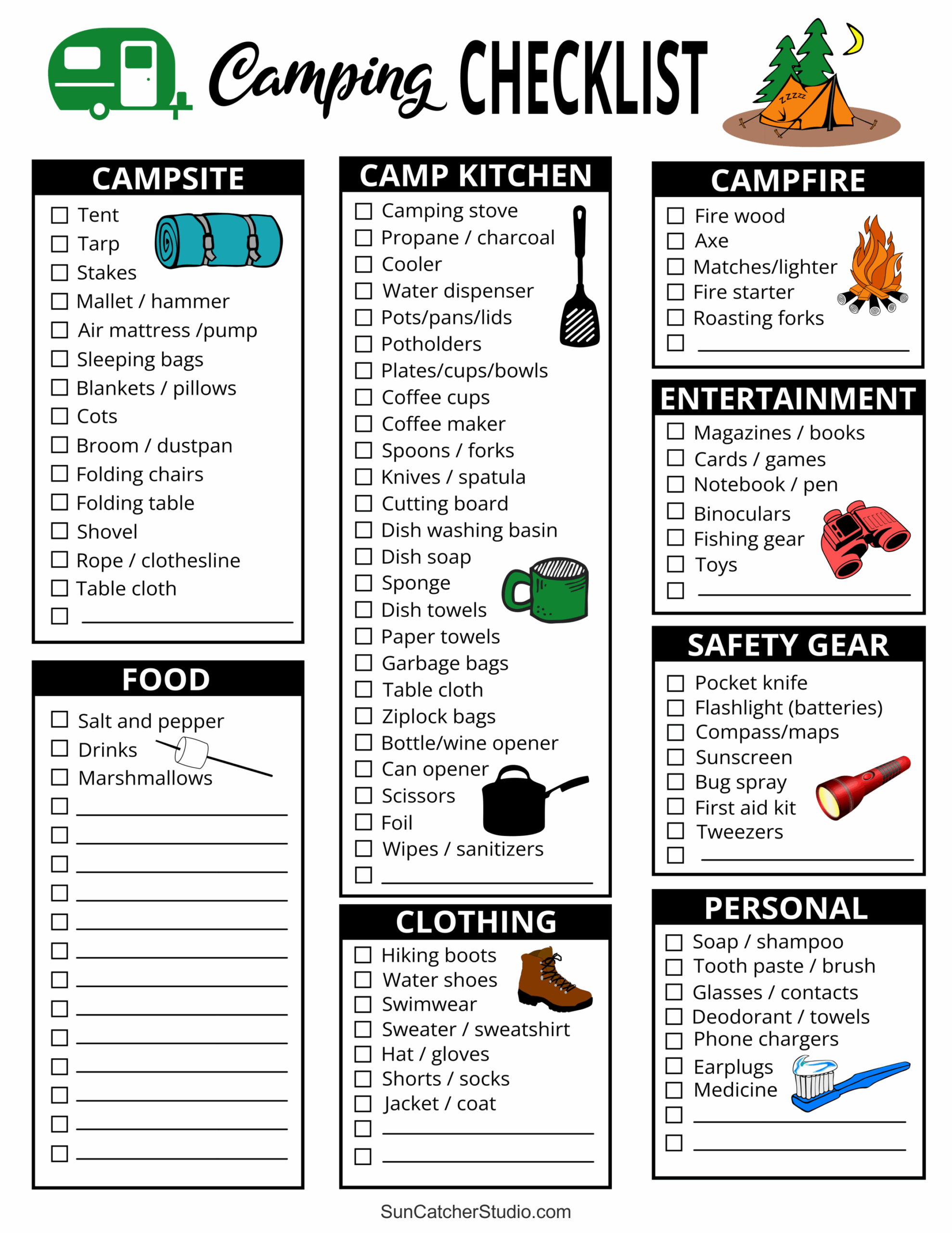 Camping Checklist Camping Essentials Meals Free Printables Monograms Design Tools Patterns DIY Projects