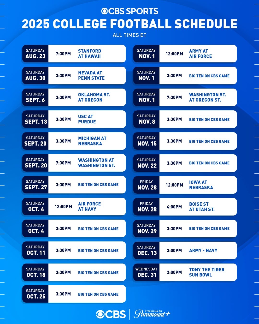 CBS Sports PR On X CBS Sports Announces 2025 College Football Schedule On CBS And paramountplus Features A Marquee Big Ten Game Every Saturday At 3 30pmET Primetime Mountain West And Pac 12 Matchups