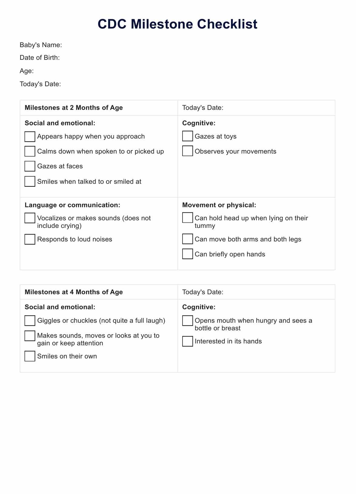 Cdc Wellness Visit Printable Sheets