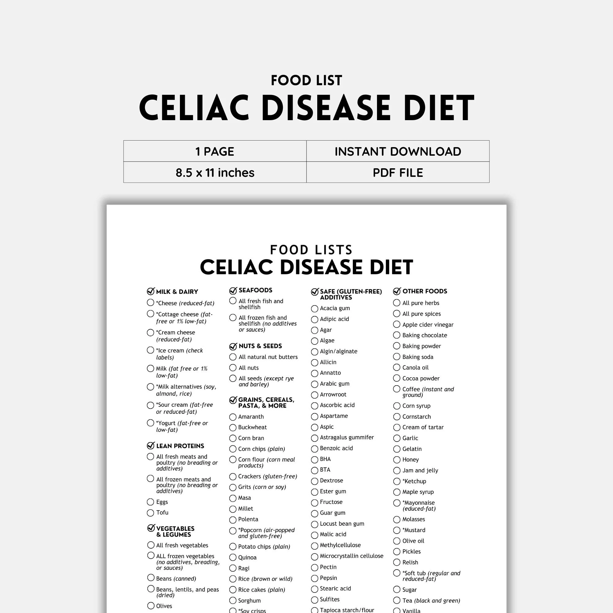 Celiac Disease Food List Printable B W PDF Gluten free Diet Guide Easy Meal Planning Digital Download Etsy