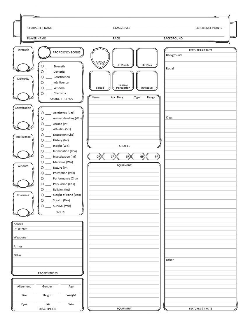 D&D 5e Printable Character Sheet