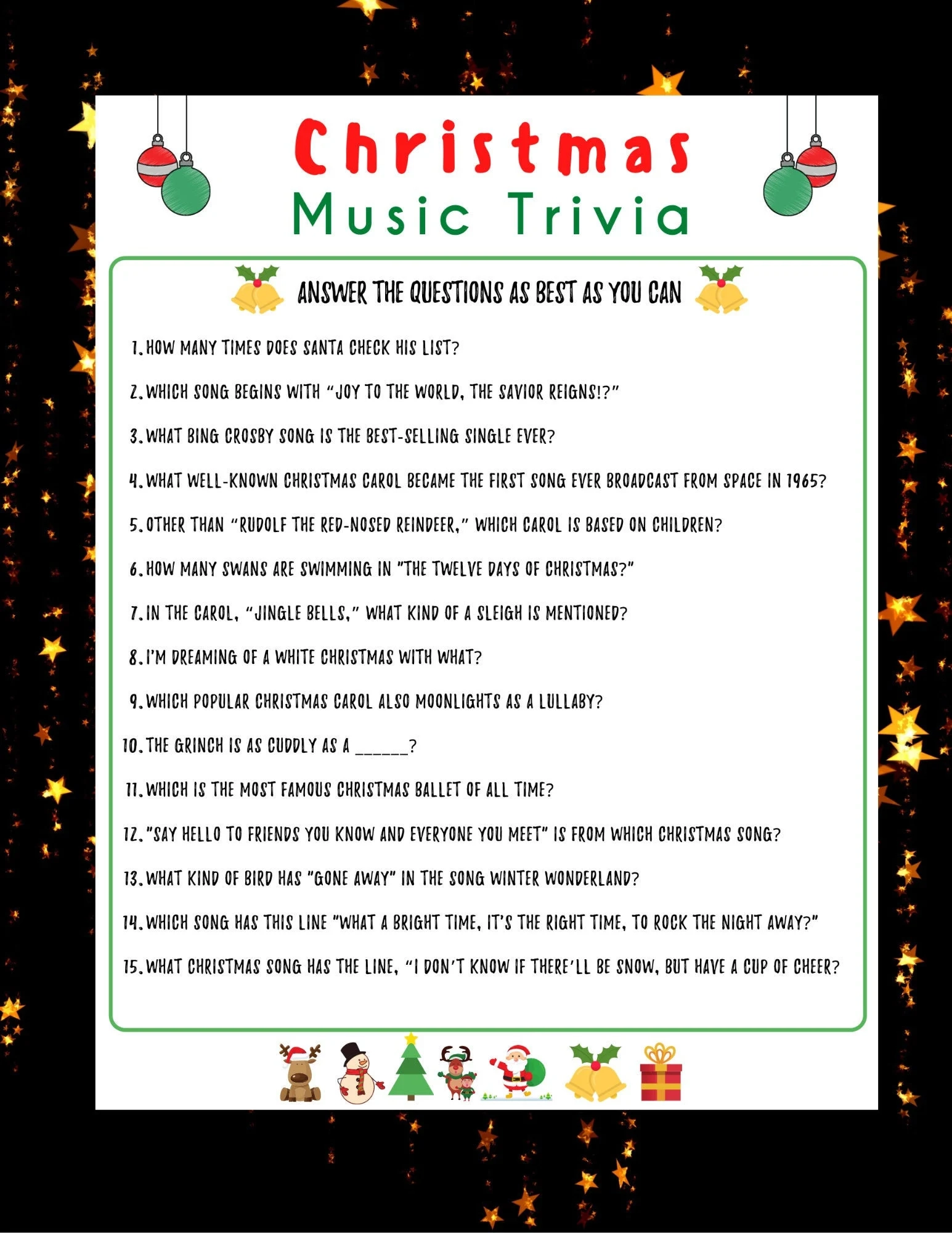 Christmas Music Trivia Game Holiday Party Printable instant Download Etsy