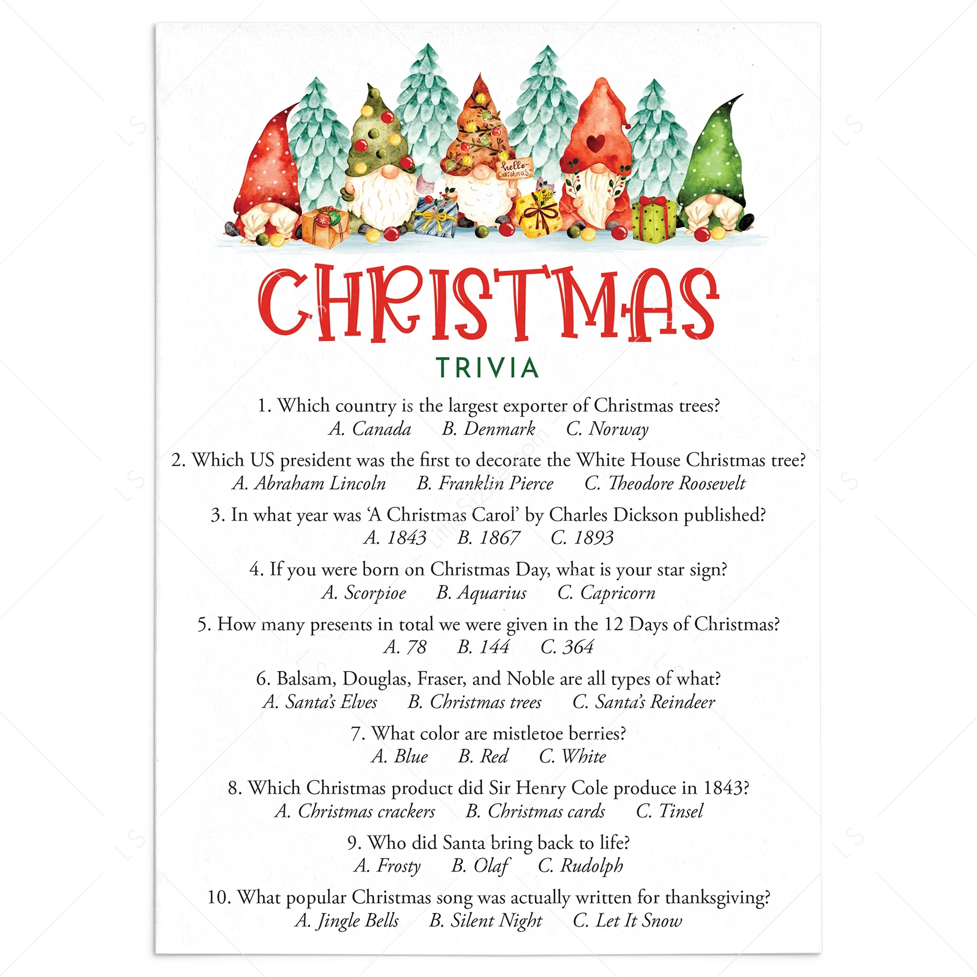 Printable Christmas Quiz For Kids