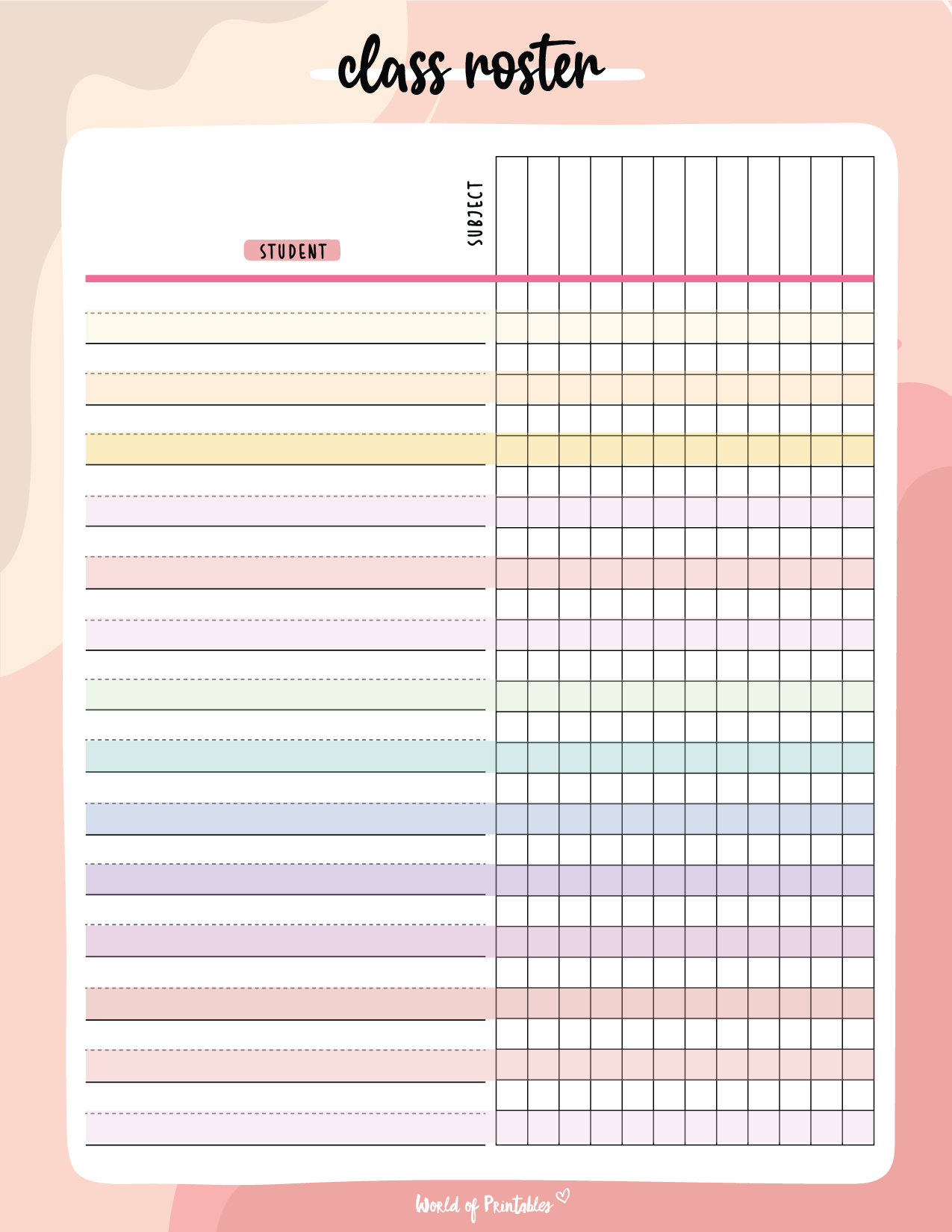 Printable Student Roster Sheet