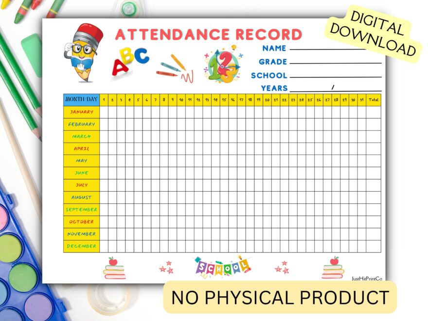 Classroom Printable Yearly Attendance Sheet Attendance Tracker Homeschool Plannner Attendance Record Kids Digital Download For School Etsy