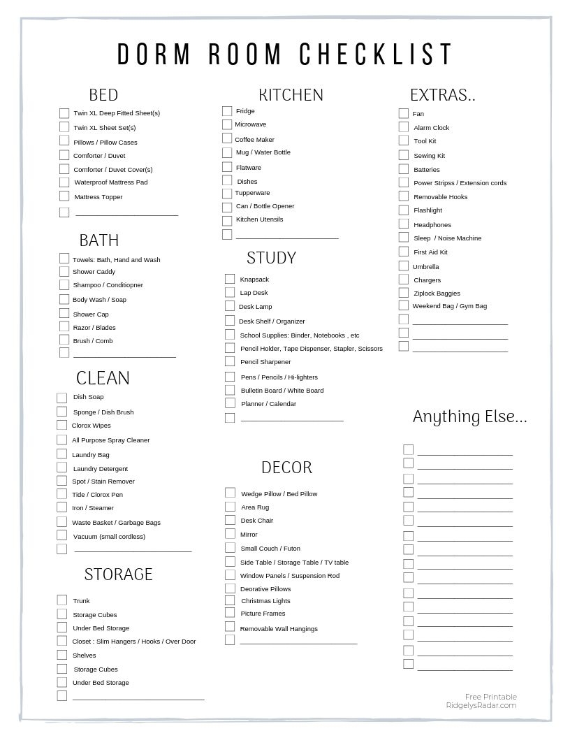 Printable College Dorm Packing List