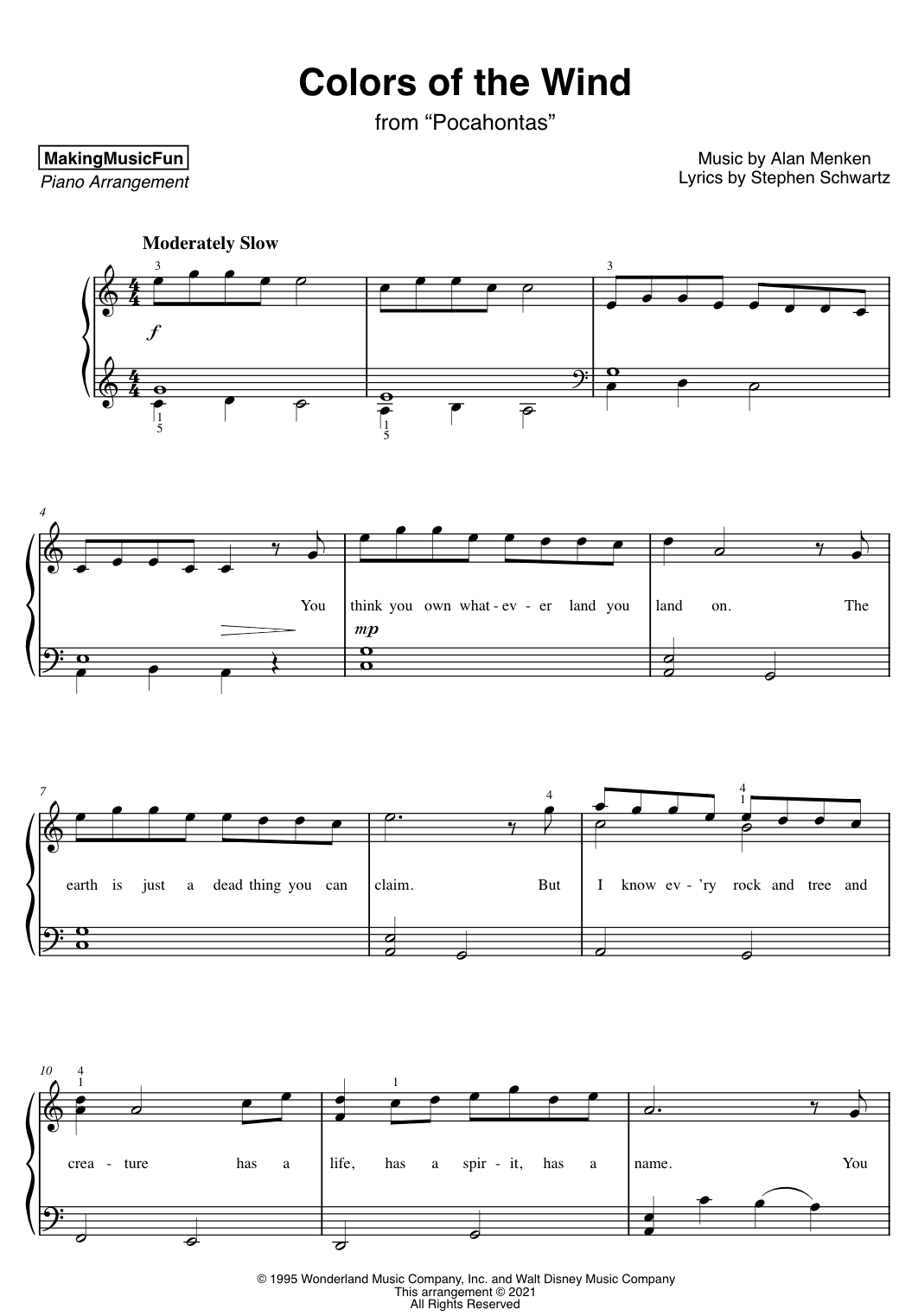 Colors Of The Wind Pocohantas Easy Piano Sheet Music Bluebird Music Lessons