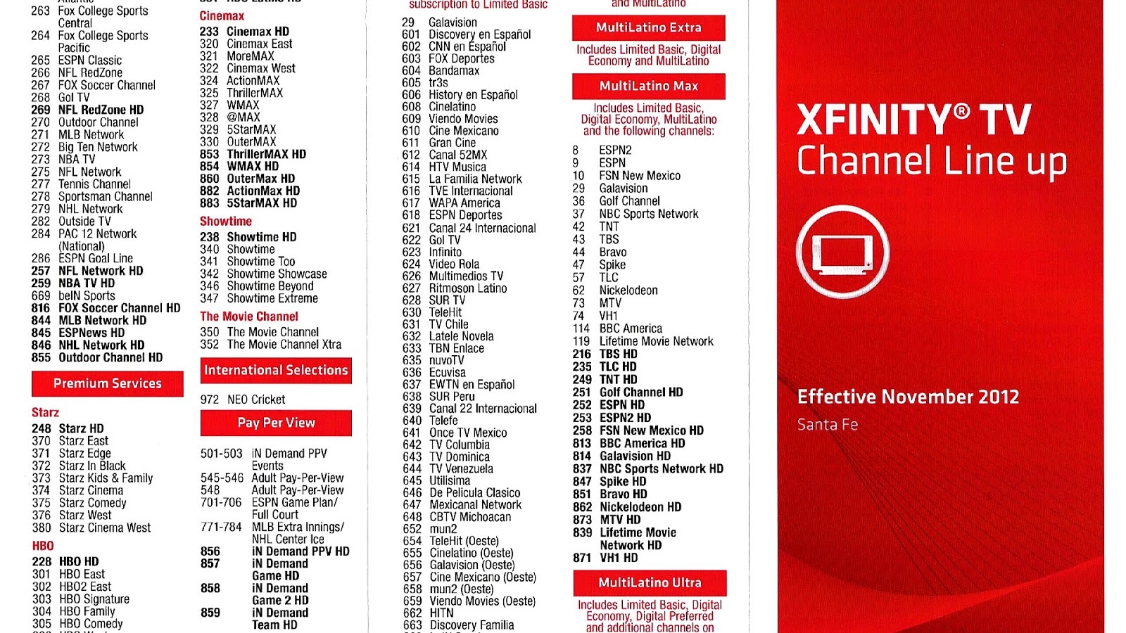 Xfinity Channel Printable Lineup