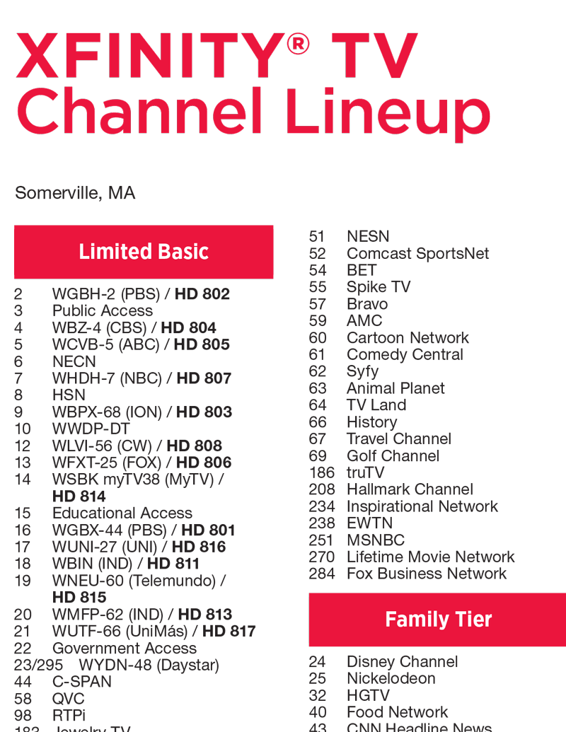 Comcast XFINITY Cable Lineup City Of Somerville Worksheets Library