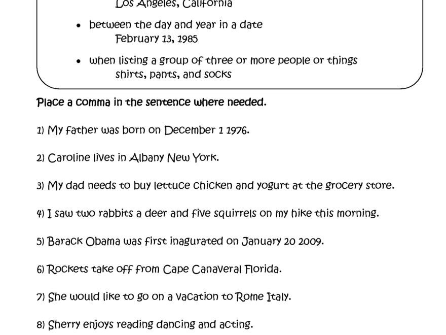 Commas Worksheets Using Commas Worksheets