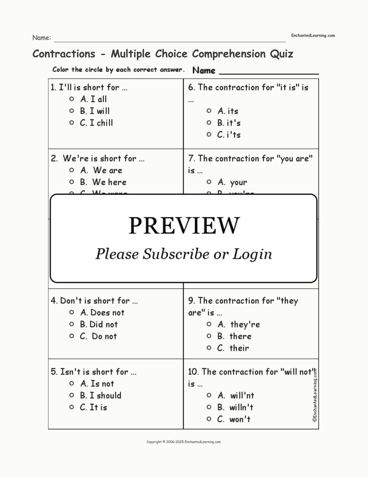 Contractions Multiple Choice Comprehension Quiz Enchanted Learning