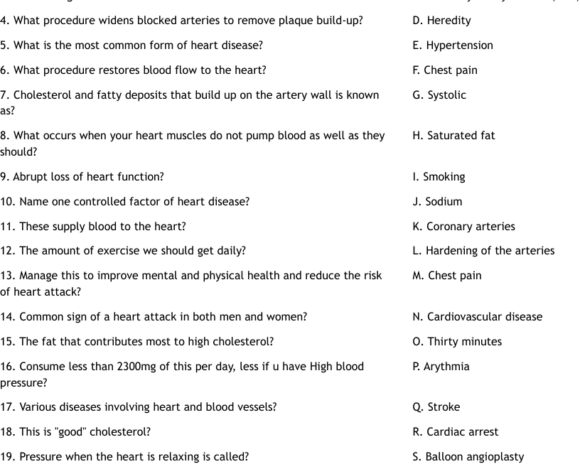 Coronary Heart Disease Hypertension Worksheet WordMint