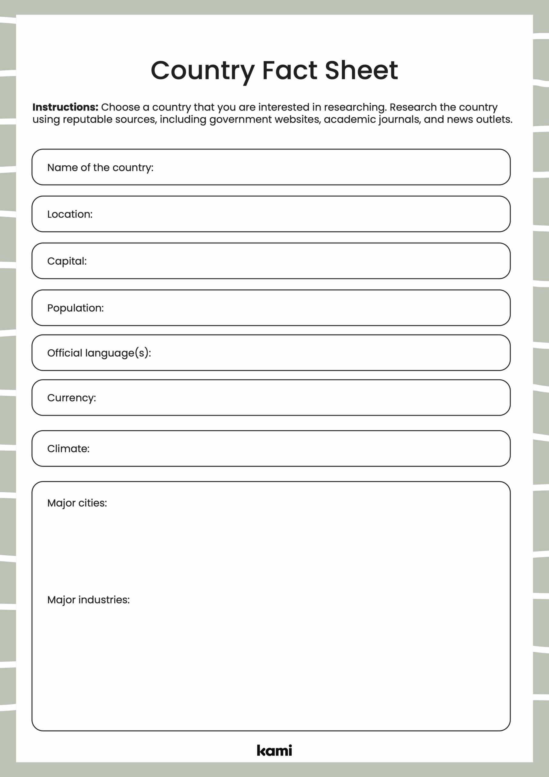 Country Fact Sheet Printable