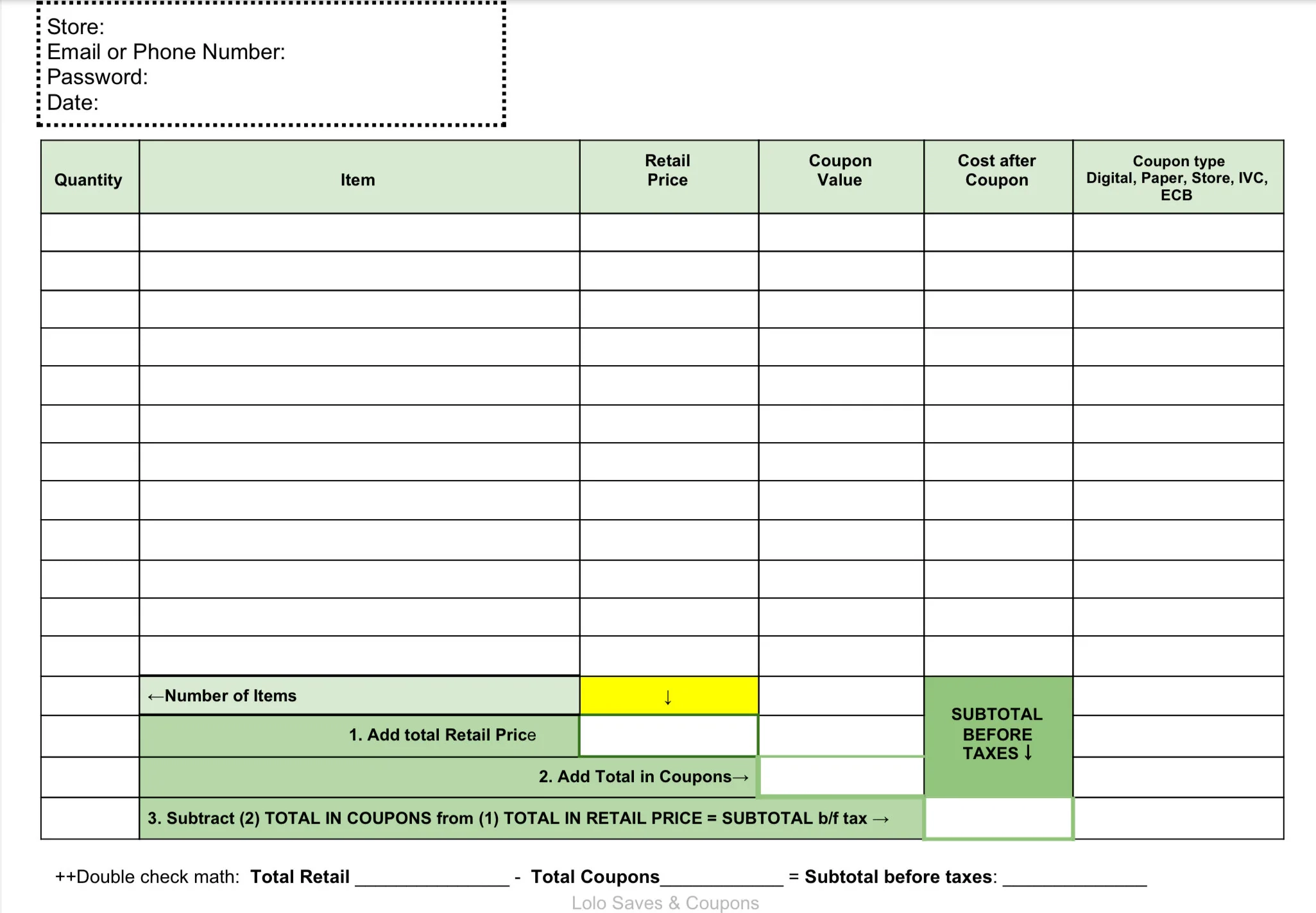 Printable Coupon Breakdown Sheet