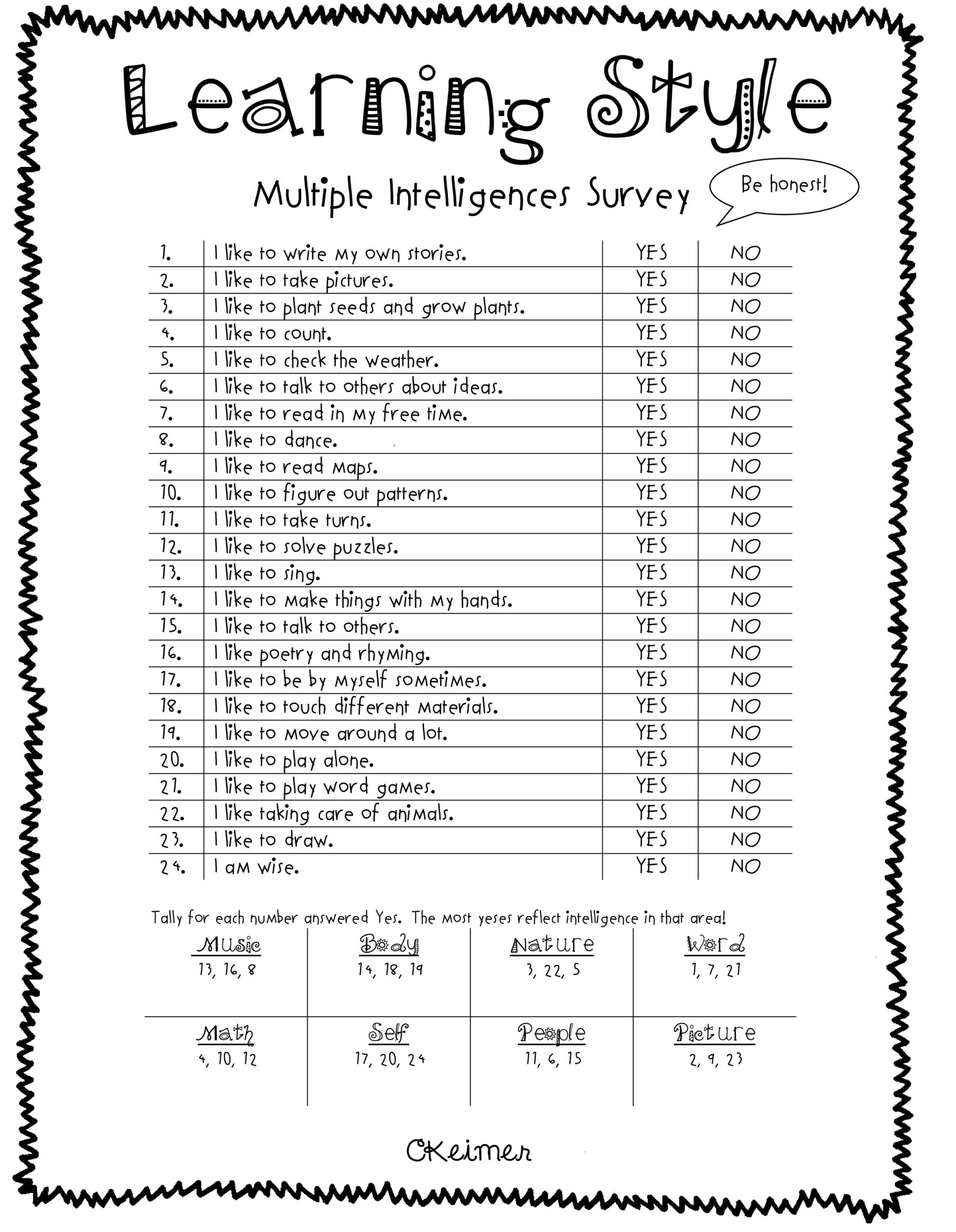 Learning Style Quiz For Kids Printable