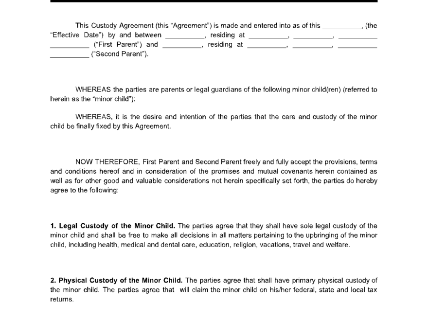 Custody Agreement Template 100 Free CocoSign