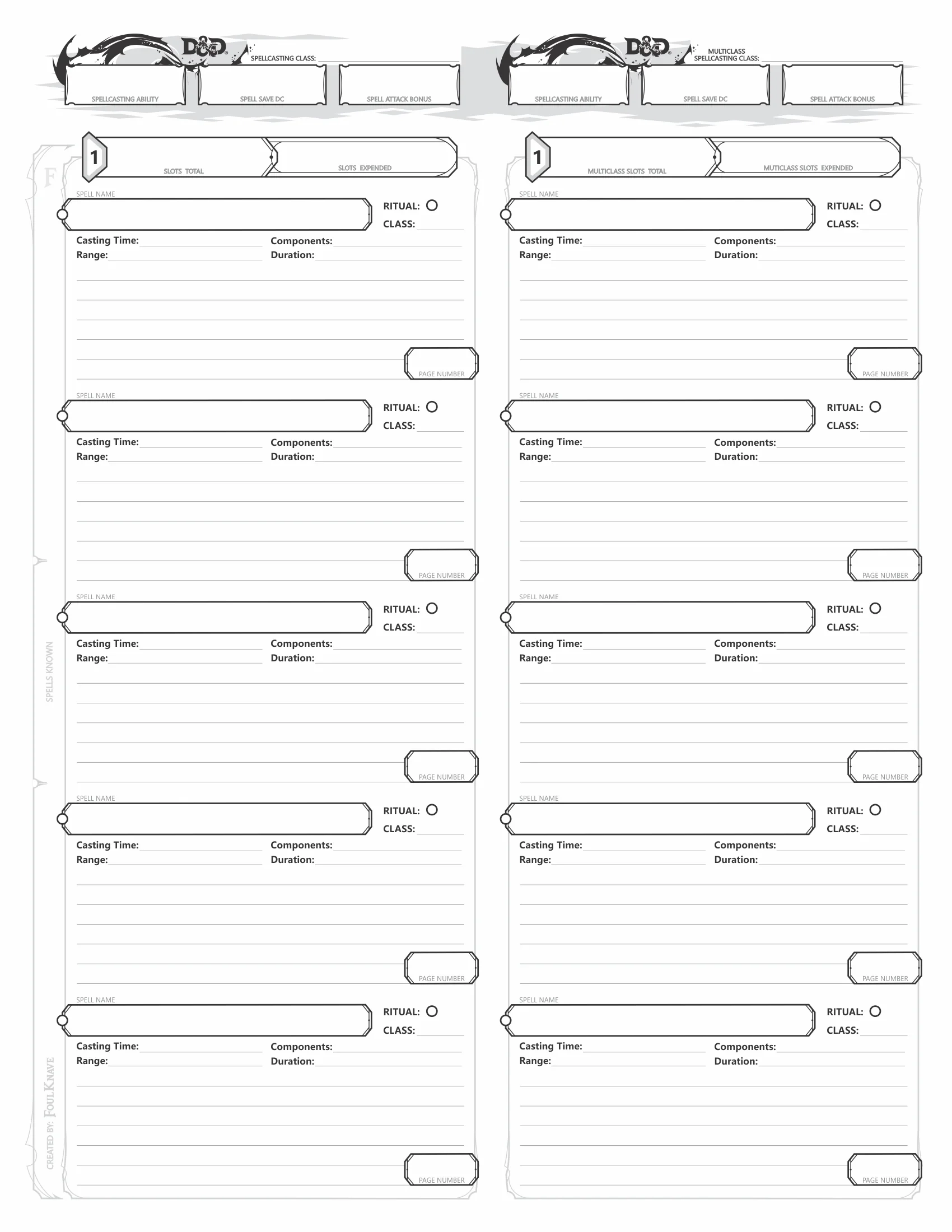 Printable Spell Sheet 5e