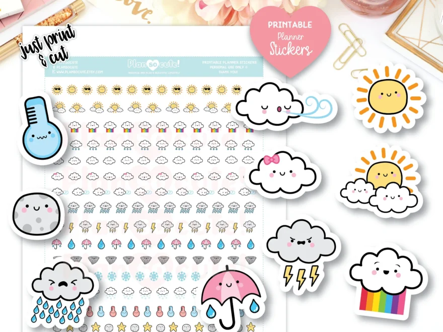 Cute Kawaii Weather Printable Planner Stickers Etsy