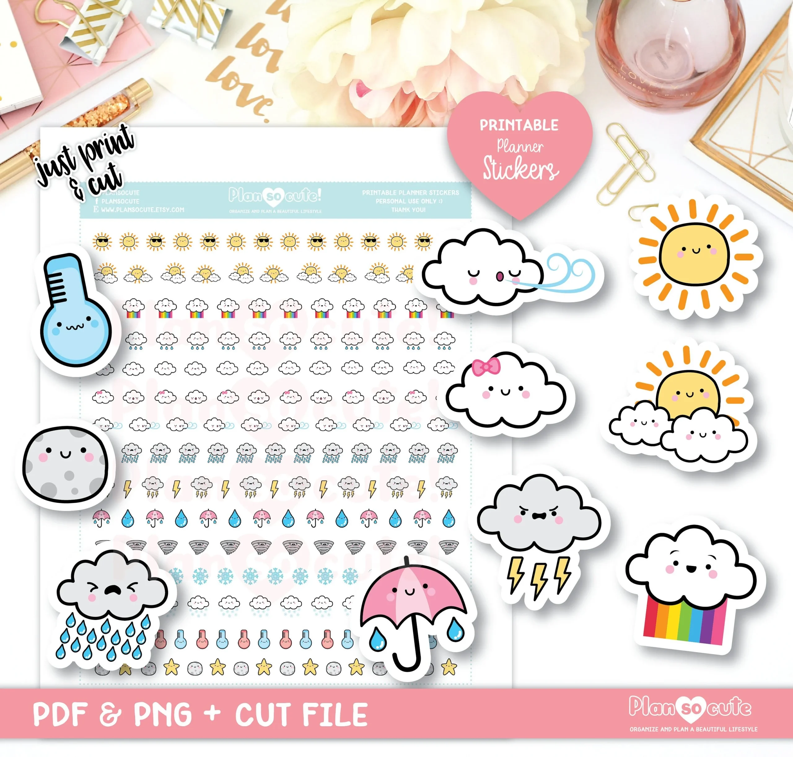 Cute Kawaii Weather Printable Planner Stickers Etsy