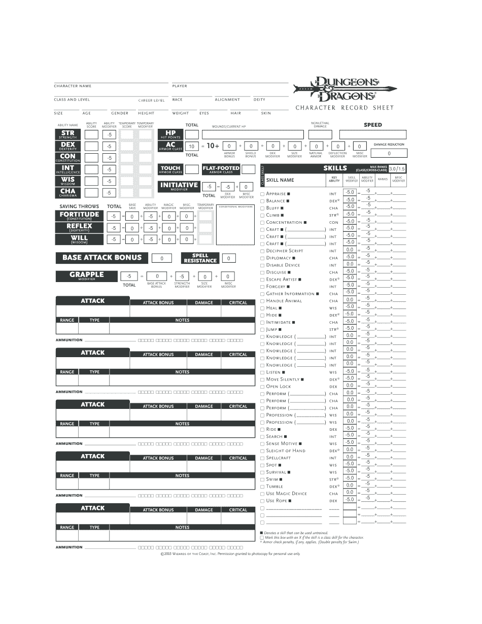 D&D 3.5 Printable Character Sheet Word