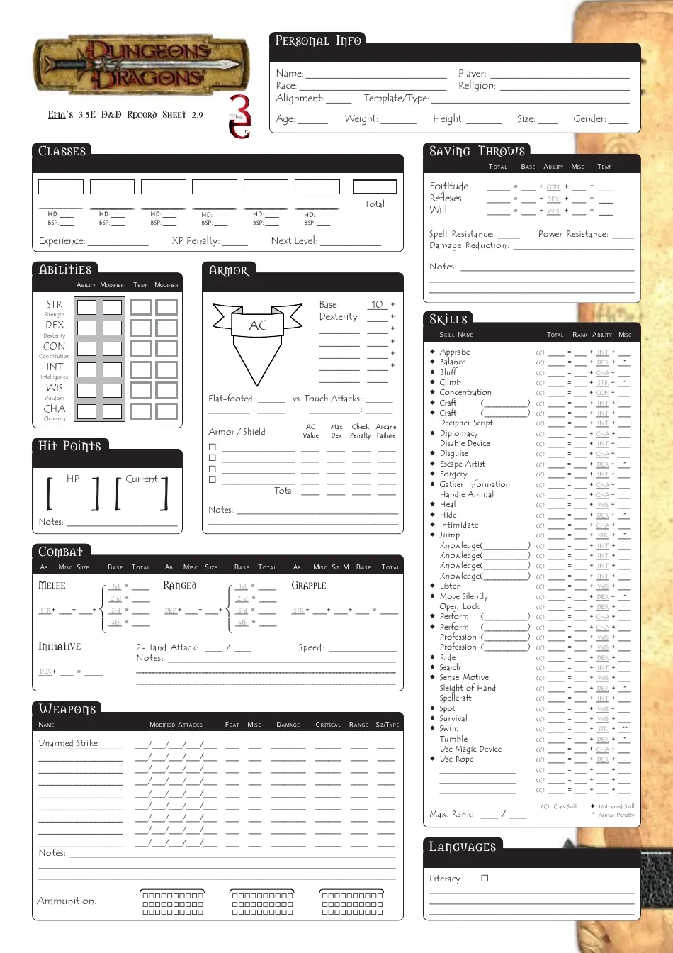 D d 3 5e Character Record Sheet Download Printable PDF Templateroller D d 3 5e Character Record Sheet Download Printable PDF Templateroller