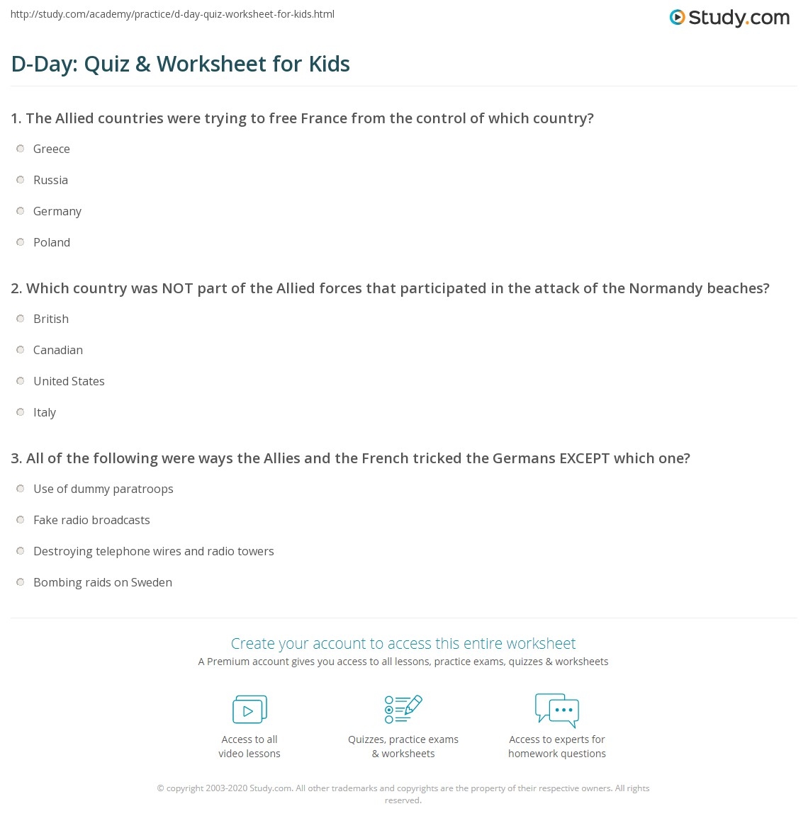 D Day Quiz Worksheet For Kids Study