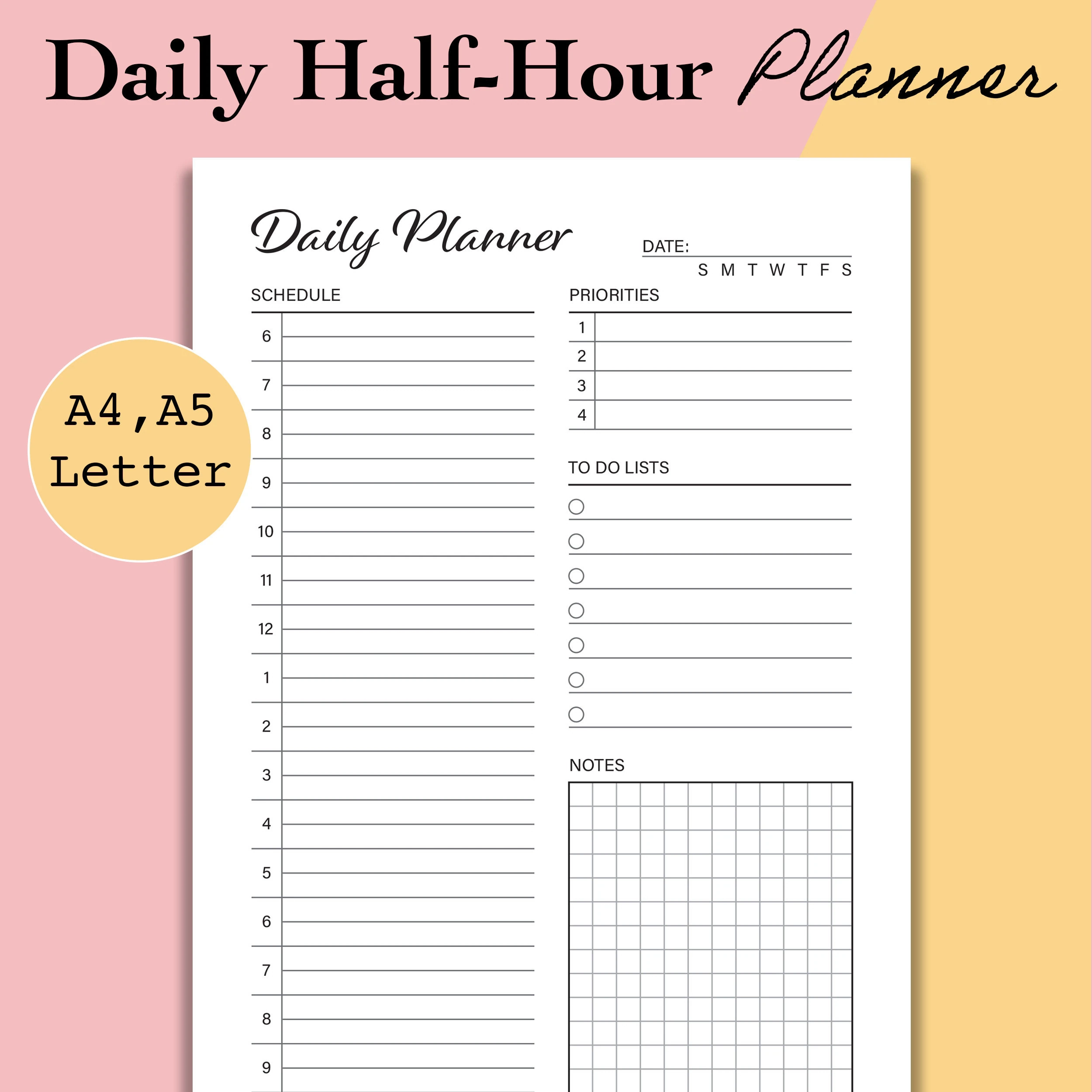 Daily Half Hour Planner PDF Daily Printable Inserts Daily Hourly Planner Page Daily Schedule To Do List Day Organizer A5 A4 Letter Etsy