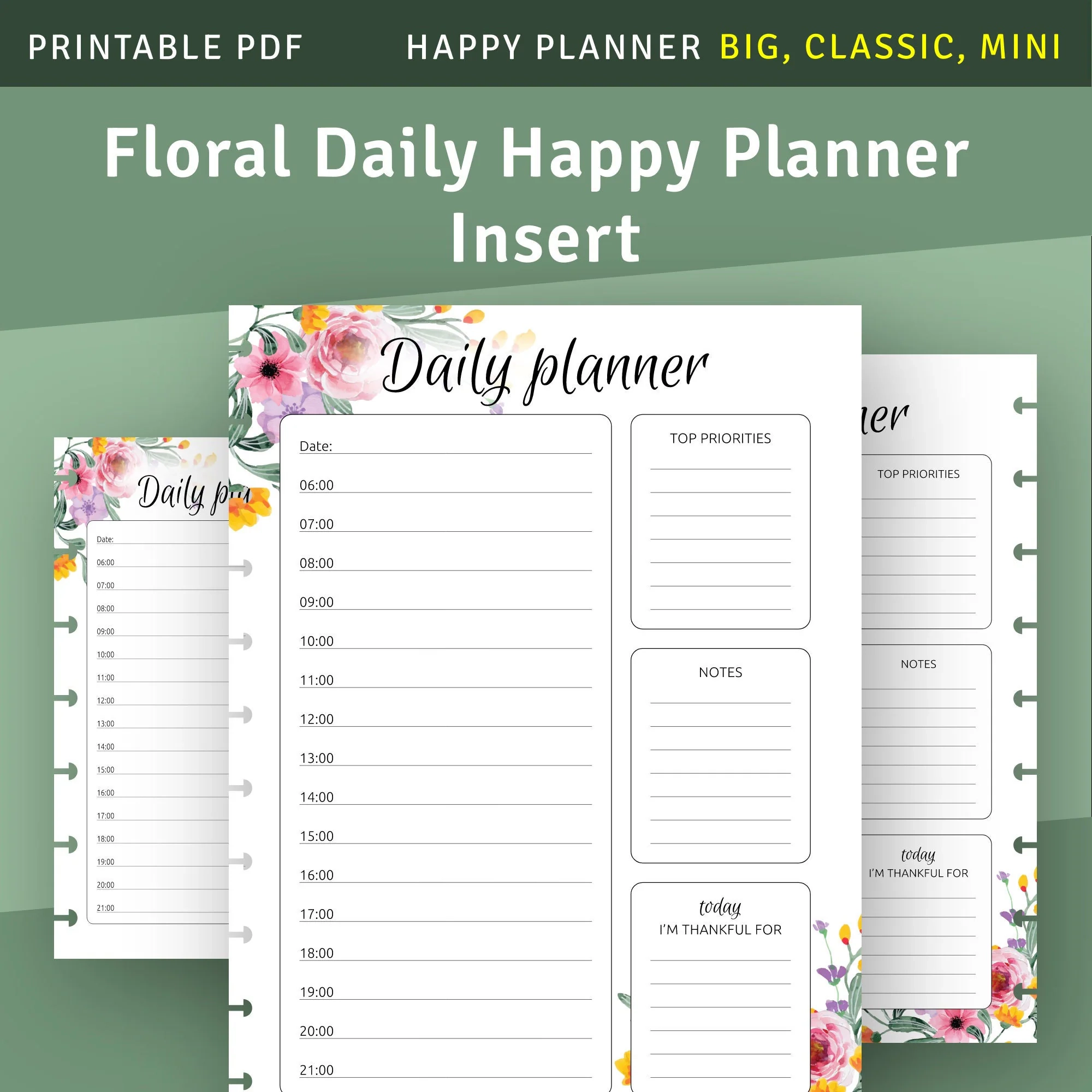 Daily Hourly Happy Planner Template Printable Inserts For Happy Planner Classic Mini Big Etsy