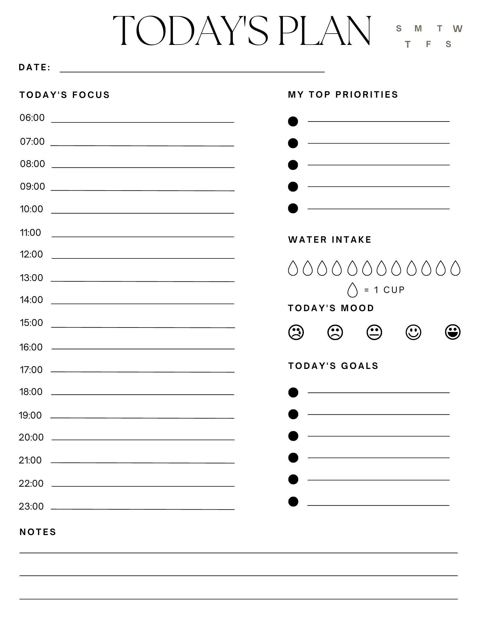 Daily Planner Printable Water Intake Mood Chart Daily Schedule Top Priorities Top Goals Etsy