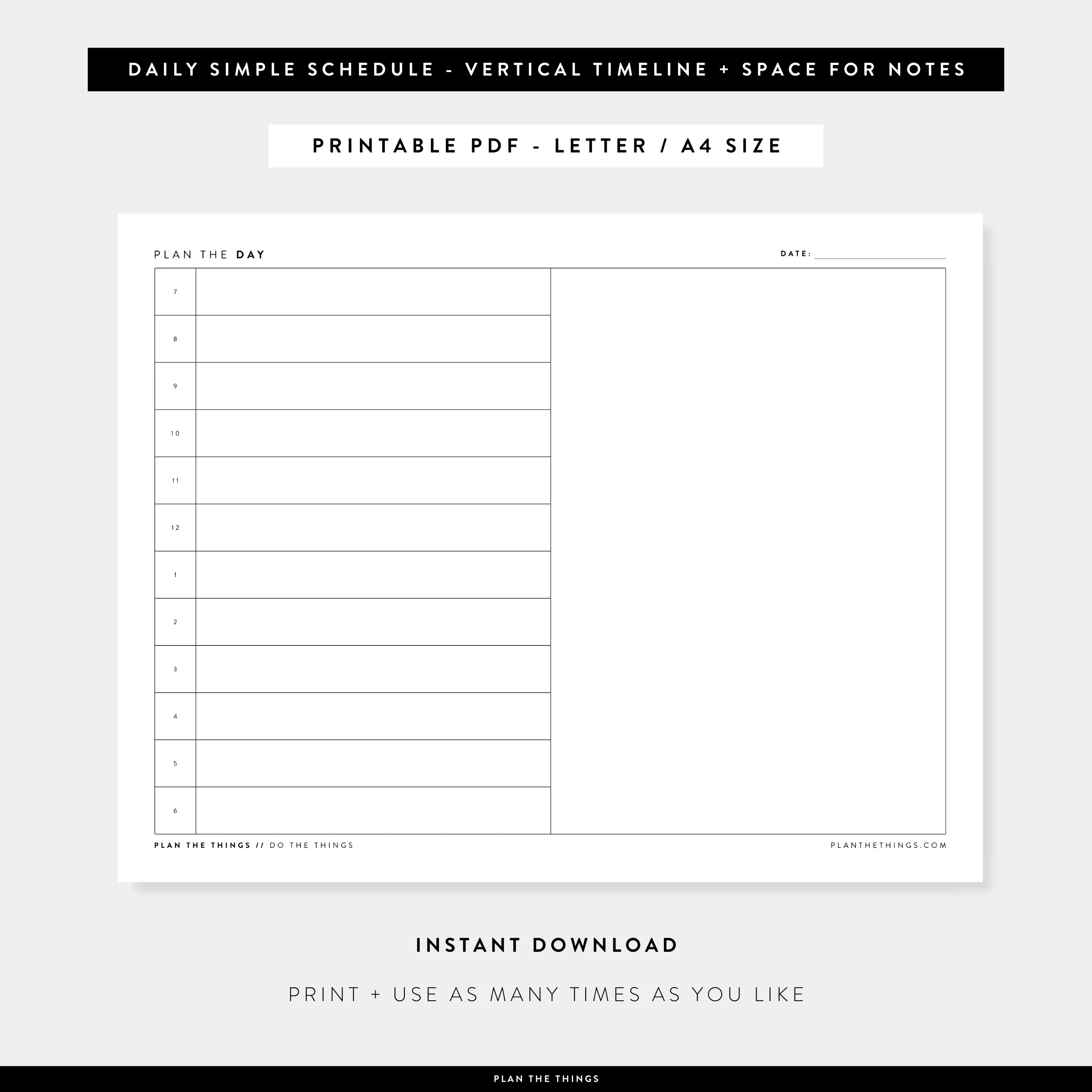 Daily Simple Schedule With Vertical Timeline Undated Printable Plann Plan The Things