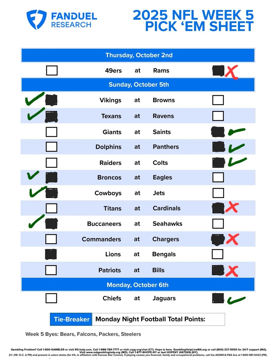 Nfl Week 5 Printable Pick Sheet