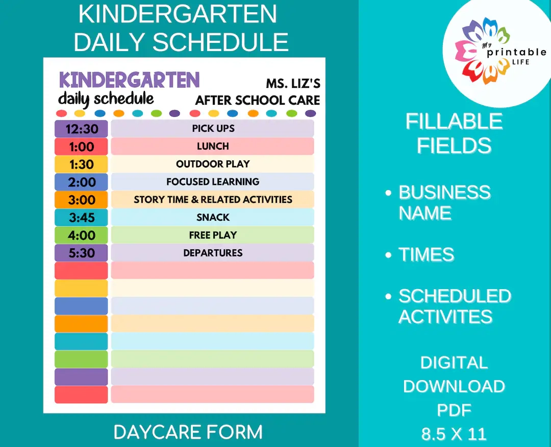 Daycare Daily Schedule For Kindergarten Printable Child Care Fillable PDF Etsy