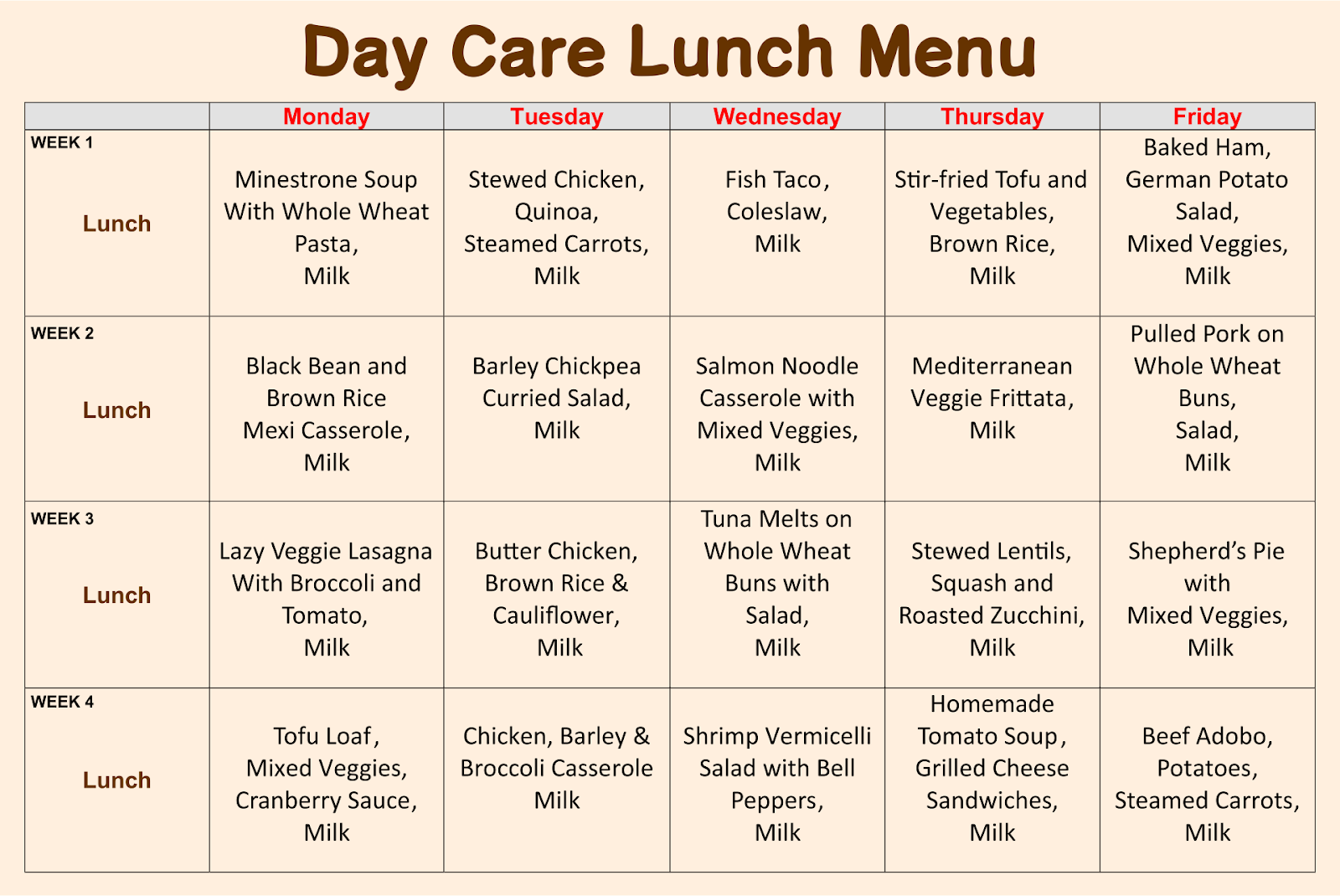 Daycare Menu Ideas And Sample Meal Plans